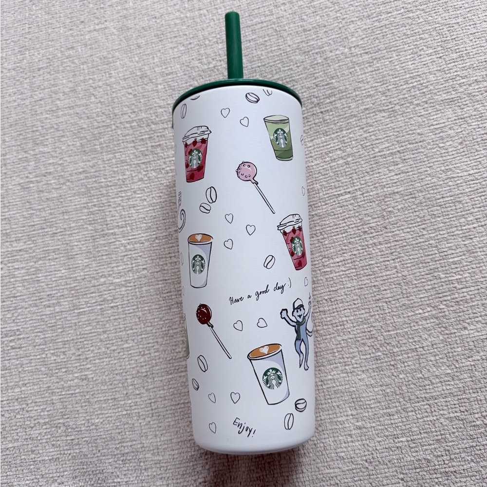 Starbucks White Tumbler with Green Straw and Coffee Cup Design
